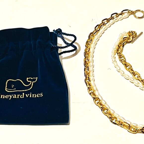 Vineyard Vines Layered Freshwater Pearl & Gold Link Necklace With Gift Bag, NWT - Picture 3 of 5